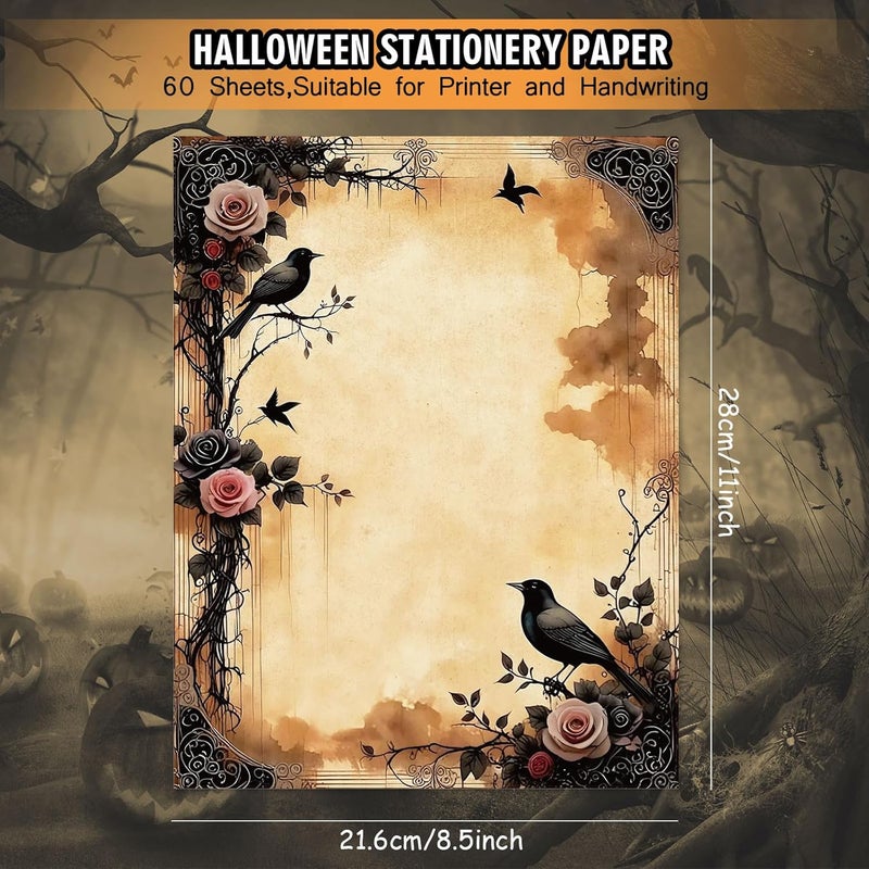 Whaline 60 Sheet Halloween Stationery Paper 4 Gothic Style Border Letterhead Vintage Skull Rose Castle Writing Paper for Invitation Office Printing, 8.5 x 11 Inch, Double-Sided - Image 2